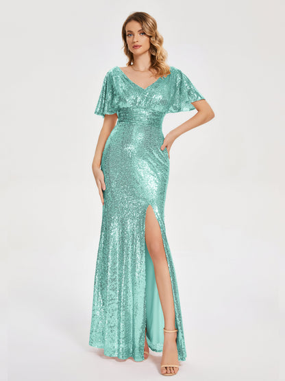 Gabrielle V-neck Short Sleeves Sequins Bridesmaid Dress with Slit