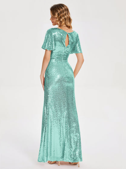 Gabrielle V-neck Short Sleeves Sequins Bridesmaid Dress with Slit