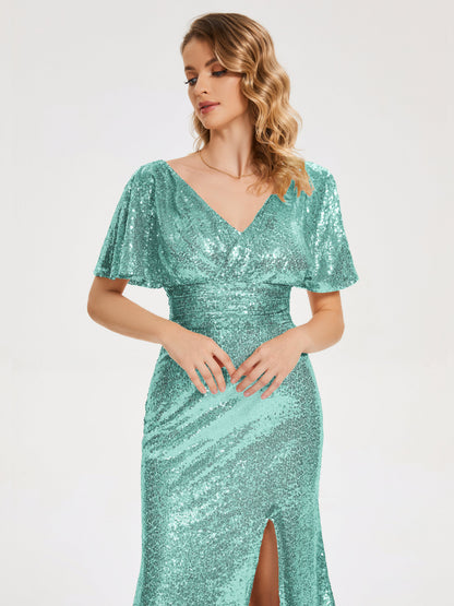 Gabrielle V-neck Short Sleeves Sequins Bridesmaid Dress with Slit