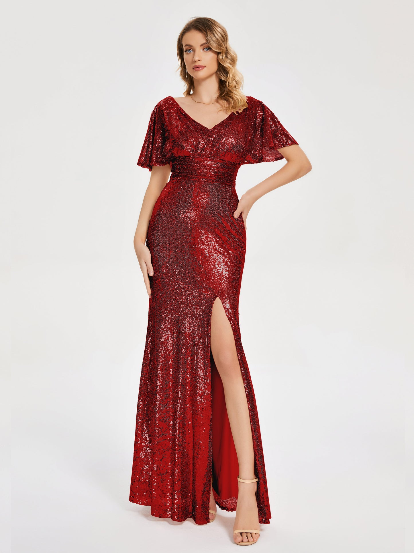 Gabrielle V-neck Short Sleeves Sequins Bridesmaid Dress with Slit