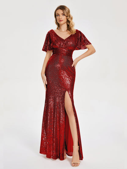 Gabrielle V-neck Short Sleeves Sequins Bridesmaid Dress with Slit