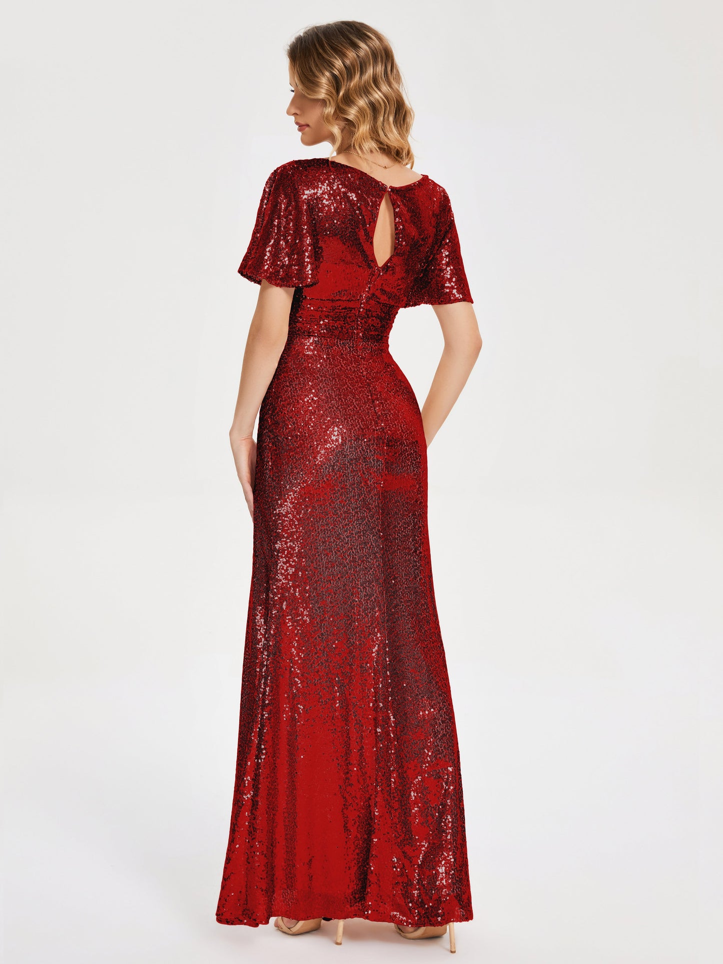 Gabrielle V-neck Short Sleeves Sequins Bridesmaid Dress with Slit