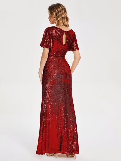 Gabrielle V-neck Short Sleeves Sequins Bridesmaid Dress with Slit
