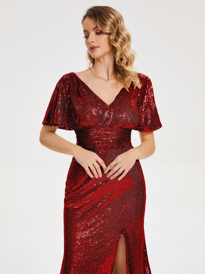 Gabrielle V-neck Short Sleeves Sequins Bridesmaid Dress with Slit