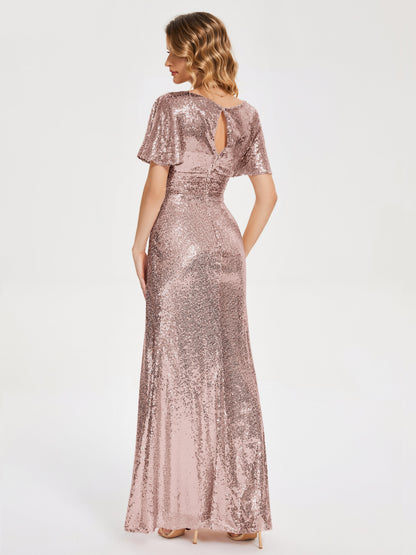 Gabrielle V-neck Short Sleeves Sequins Bridesmaid Dress with Slit