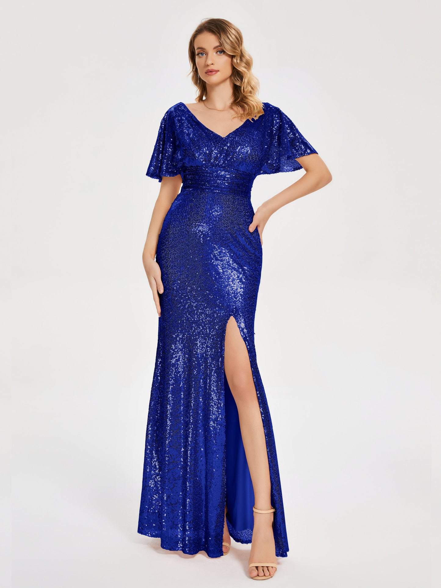 Gabrielle V-neck Short Sleeves Sequins Bridesmaid Dress with Slit