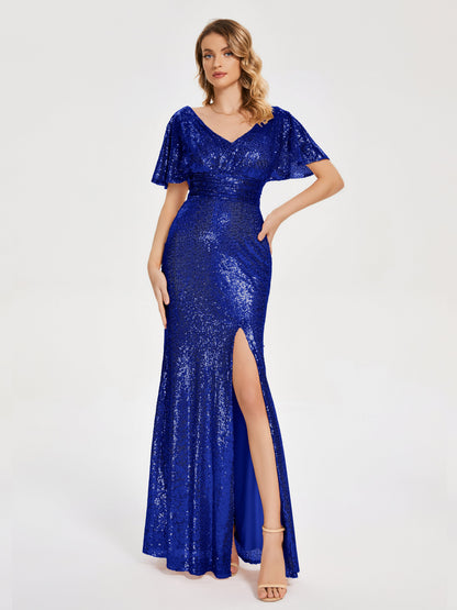 Gabrielle V-neck Short Sleeves Sequins Bridesmaid Dress with Slit