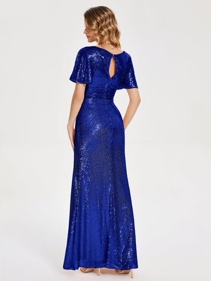 Gabrielle V-neck Short Sleeves Sequins Bridesmaid Dress with Slit