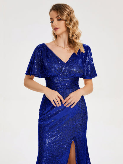Gabrielle V-neck Short Sleeves Sequins Bridesmaid Dress with Slit