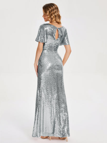 Gabrielle V-neck Short Sleeves Sequins Bridesmaid Dress with Slit