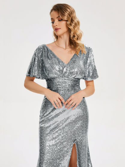 Gabrielle V-neck Short Sleeves Sequins Bridesmaid Dress with Slit