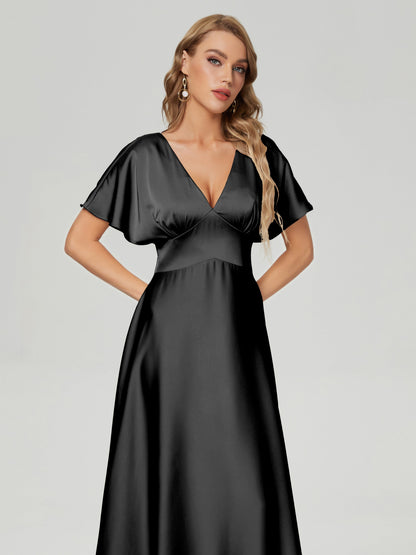 Ariah V-neck Short Sleeves Soft Satin Bridesmaid Dress