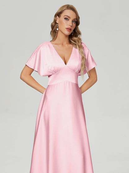 Ariah V-neck Short Sleeves Soft Satin Bridesmaid Dress