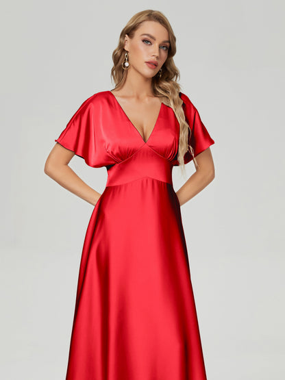 Ariah V-neck Short Sleeves Soft Satin Bridesmaid Dress