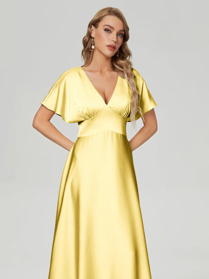 Ariah V-neck Short Sleeves Soft Satin Bridesmaid Dress