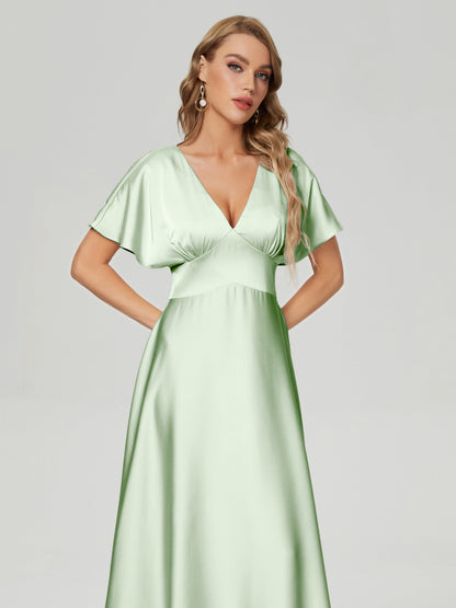 Ariah V-neck Short Sleeves Soft Satin Bridesmaid Dress