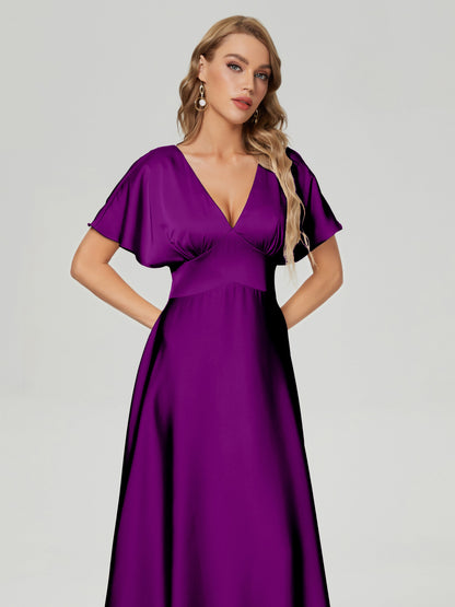 Ariah V-neck Short Sleeves Soft Satin Bridesmaid Dress