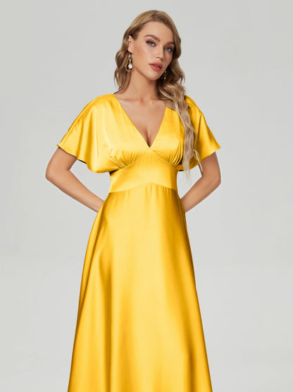 Ariah V-neck Short Sleeves Soft Satin Bridesmaid Dress