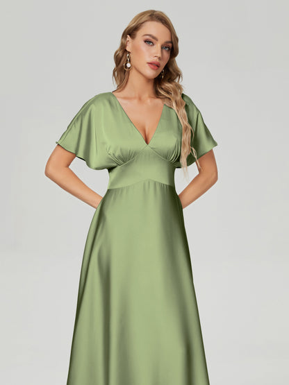 Ariah V-neck Short Sleeves Soft Satin Bridesmaid Dress