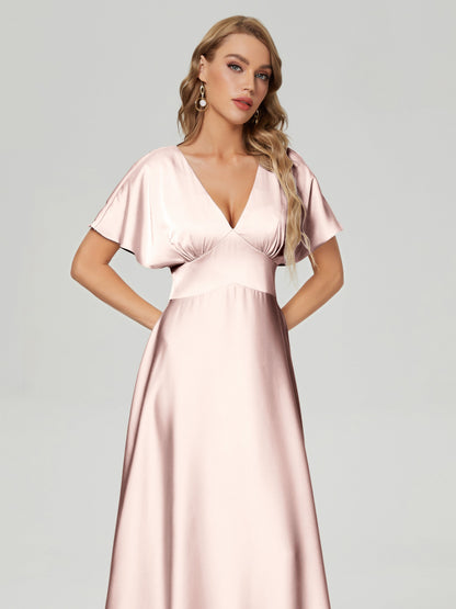 Ariah V-neck Short Sleeves Soft Satin Bridesmaid Dress