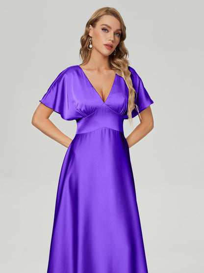 Ariah V-neck Short Sleeves Soft Satin Bridesmaid Dress