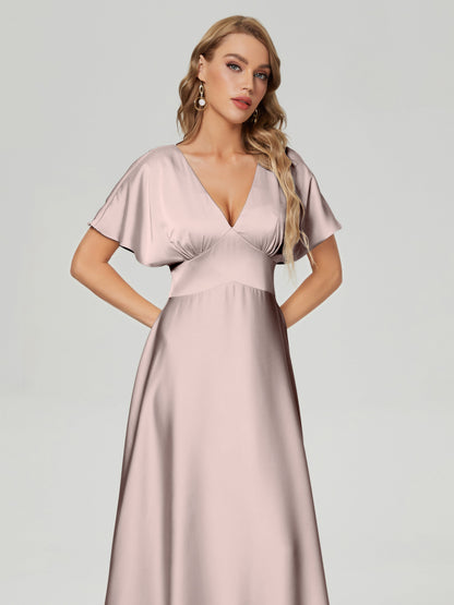Ariah V-neck Short Sleeves Soft Satin Bridesmaid Dress