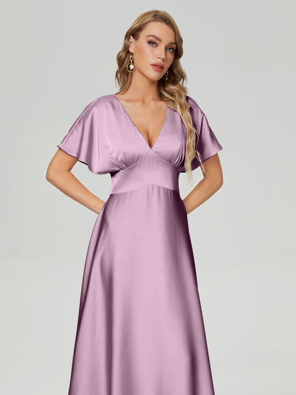 Ariah V-neck Short Sleeves Soft Satin Bridesmaid Dress