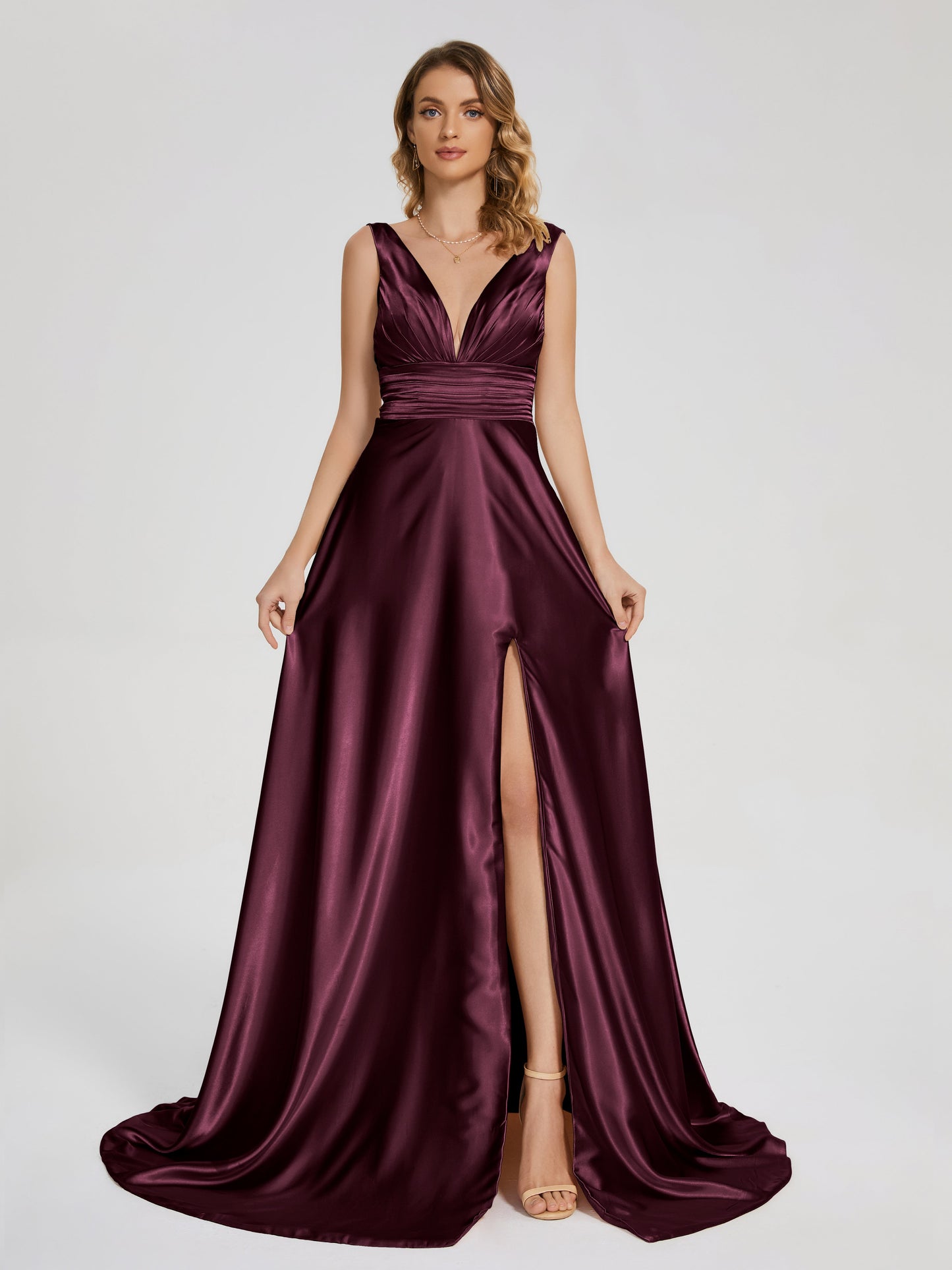 Kali V-neck V-back Soft Satin Bridesmaid Dress with Training