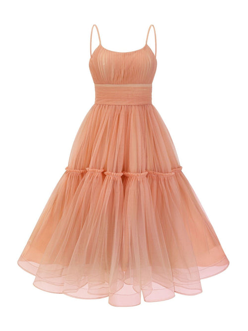 Spaghetti Straps A-line Tea Length Tulle Bridesmaid Dresses