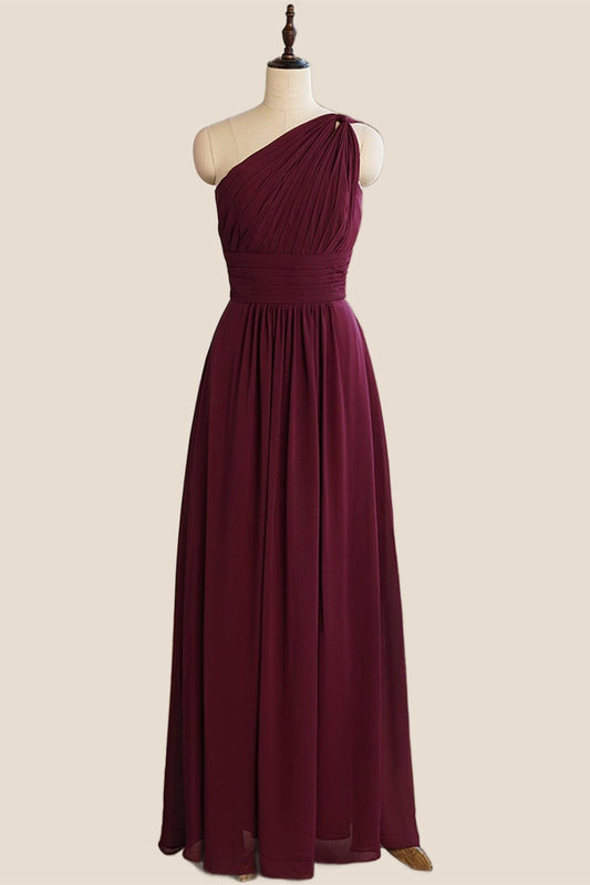 Pleated One Shoulder Bugundy Chiffon Long Bridesmaid Dress
