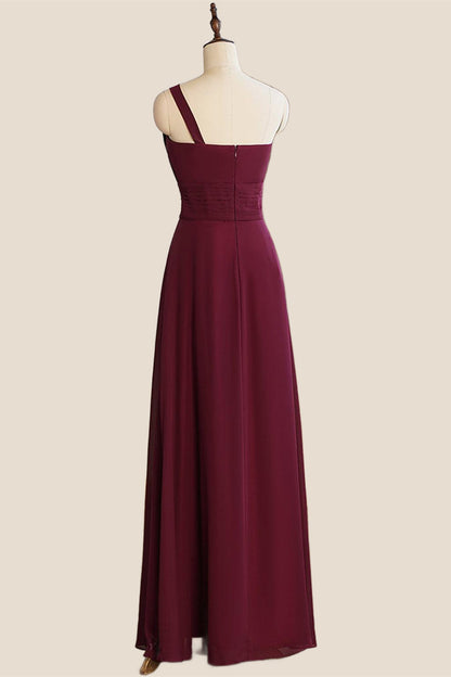 Pleated One Shoulder Bugundy Chiffon Long Bridesmaid Dress