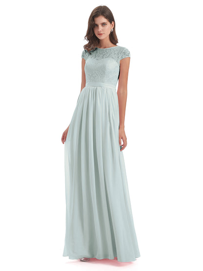 Yamileth A-line Floor Length Cap Sleeves Illusion Neckline Lace/Chiffon Long Bridesmaid Dresses