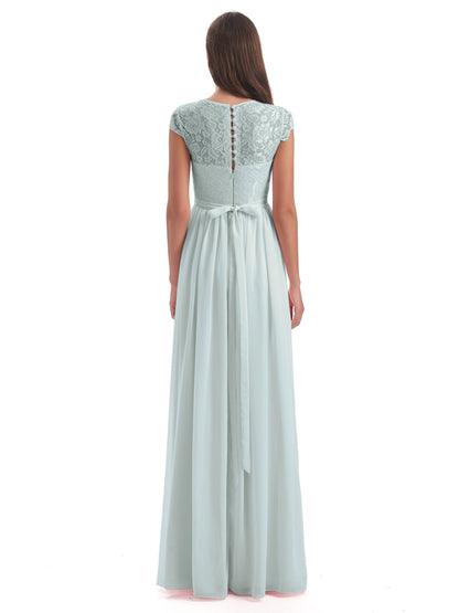 Yamileth A-line Floor Length Cap Sleeves Illusion Neckline Lace/Chiffon Long Bridesmaid Dresses