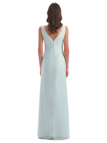 Sheath-Column Floor Length V Neck Chiffon Long Bridesmaid Dresses