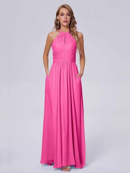 Adaline Simple Halter Chiffon Long Bridesmaid Dresses