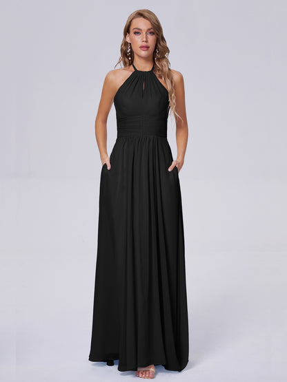 Adaline Simple Halter Chiffon Long Bridesmaid Dresses