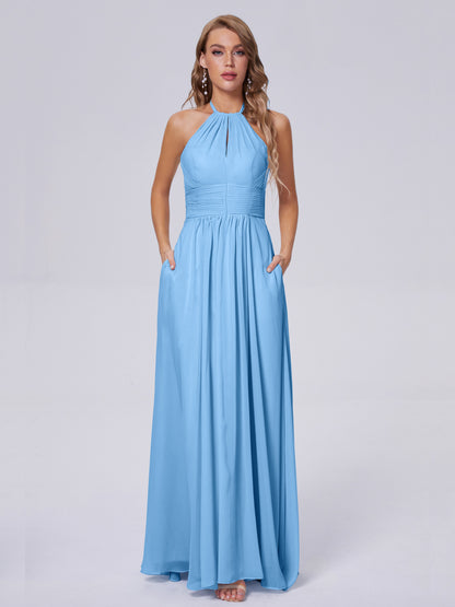 Adaline Simple Halter Chiffon Long Bridesmaid Dresses