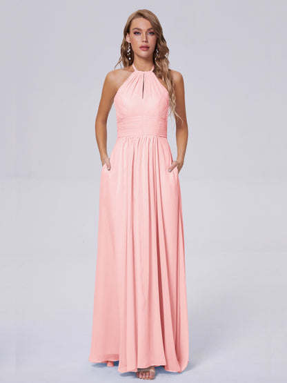Adaline Simple Halter Chiffon Long Bridesmaid Dresses