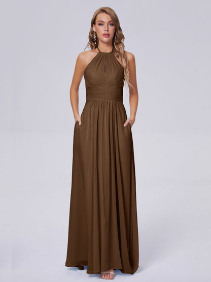 Adaline Simple Halter Chiffon Long Bridesmaid Dresses