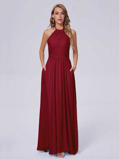 Adaline Simple Halter Chiffon Long Bridesmaid Dresses