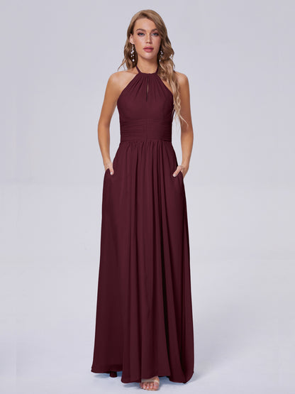 Adaline Simple Halter Chiffon Long Bridesmaid Dresses