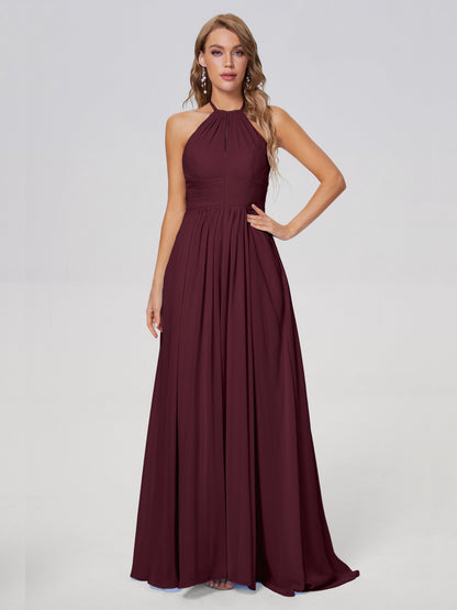 Adaline Simple Halter Chiffon Long Bridesmaid Dresses