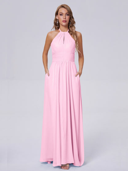 Adaline Simple Halter Chiffon Long Bridesmaid Dresses
