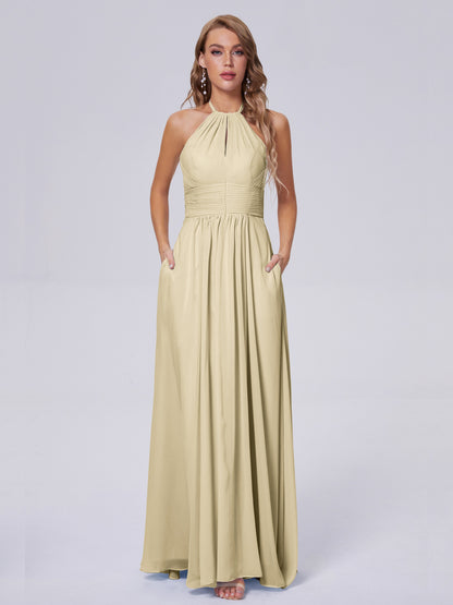 Adaline Simple Halter Chiffon Long Bridesmaid Dresses