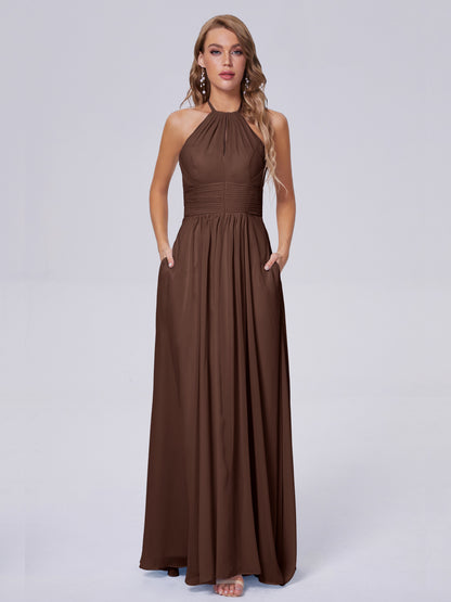 Adaline Simple Halter Chiffon Long Bridesmaid Dresses