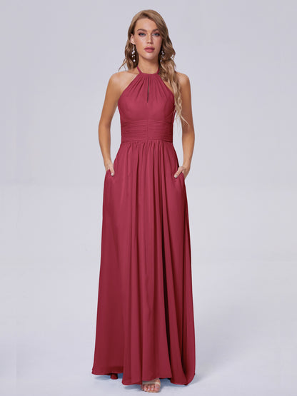 Adaline Simple Halter Chiffon Long Bridesmaid Dresses