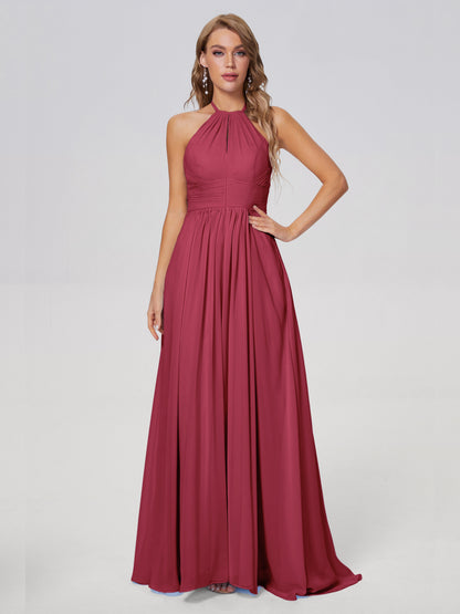 Adaline Simple Halter Chiffon Long Bridesmaid Dresses