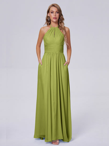 Adaline Simple Halter Chiffon Long Bridesmaid Dresses
