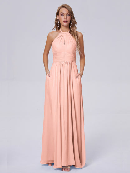 Adaline Simple Halter Chiffon Long Bridesmaid Dresses