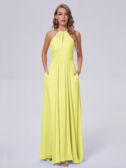 Adaline Simple Halter Chiffon Long Bridesmaid Dresses